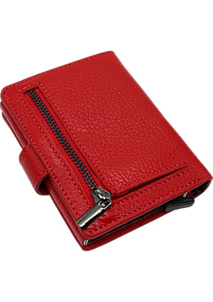 Grimm Bozuk Para ve Bol Kart Bölmeli Unisex Hakiki Deri Mekanizmalı Kartlık - Kırmızı