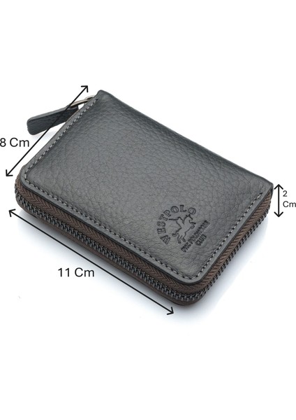 Hakiki Deri Kağıt Para ve Bol Şeffaf Kart Bölmeli, Fermuarlı Unisex Kartlık - Gri