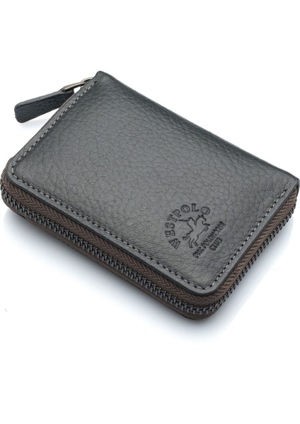 Hakiki Deri Kağıt Para ve Bol Şeffaf Kart Bölmeli, Fermuarlı Unisex Kartlık - Gri fiyatları