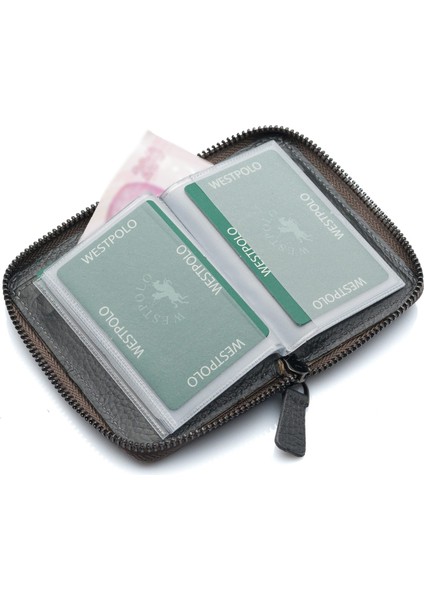 Hakiki Deri Kağıt Para ve Bol Şeffaf Kart Bölmeli, Fermuarlı Unisex Kartlık - Gri fırsatları