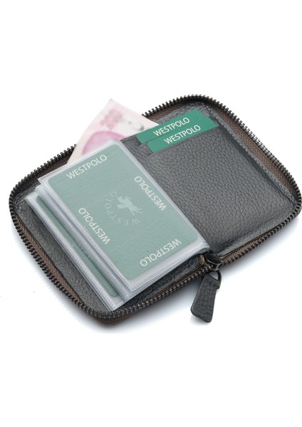 Hakiki Deri Kağıt Para ve Bol Şeffaf Kart Bölmeli, Fermuarlı Unisex Kartlık - Gri indirimleri