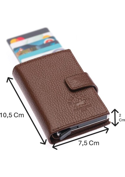 Hakiki Deri Mekanizmalı, Kağıt Para Bölmeli ve Patlı Unisex Cüzdan Kartlık - Taba