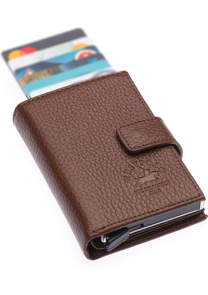 Hakiki Deri Mekanizmalı, Kağıt Para Bölmeli ve Patlı Unisex Cüzdan Kartlık - Taba fiyatları