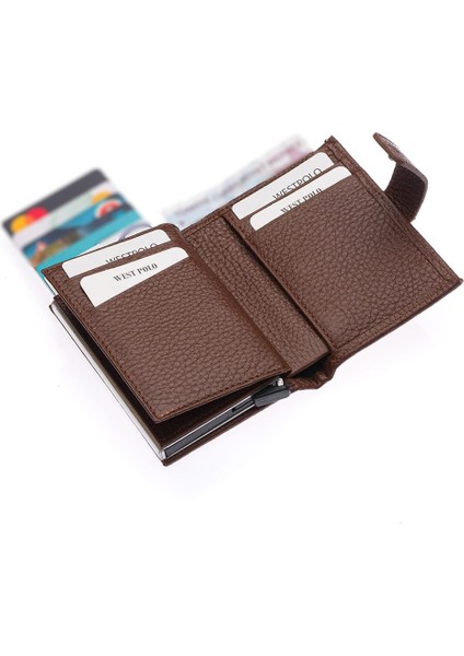 Hakiki Deri Mekanizmalı, Kağıt Para Bölmeli ve Patlı Unisex Cüzdan Kartlık - Taba modelleri