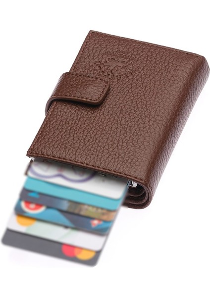 Hakiki Deri Mekanizmalı, Kağıt Para Bölmeli ve Patlı Unisex Cüzdan Kartlık - Taba
