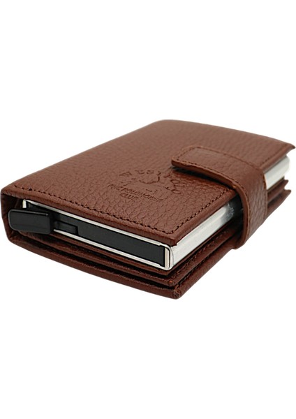 Hakiki Deri Mekanizmalı, Kağıt Para Bölmeli ve Patlı Unisex Cüzdan Kartlık - Taba