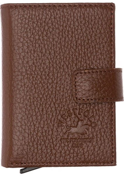 Hakiki Deri Mekanizmalı, Kağıt Para Bölmeli ve Patlı Unisex Cüzdan Kartlık - Taba