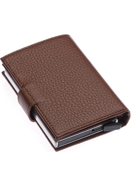 Hakiki Deri Mekanizmalı, Kağıt Para Bölmeli ve Patlı Unisex Cüzdan Kartlık - Taba