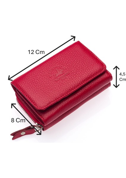 Hakiki Deri Kağıt Para ve Bol Kart Bölmeli Fermuarlı Kadın Cüzdanı - Kırmızı