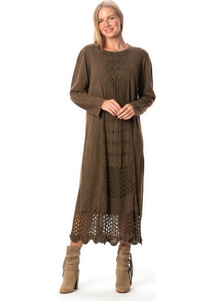 Uzun Kol Sena Etnik Desenli Sonbahar ve Kışlık Uzun Triko Elbise Kahve Khv