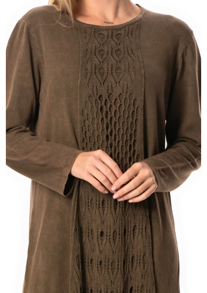 Uzun Kol Sena Etnik Desenli Sonbahar ve Kışlık Uzun Triko Elbise Kahve Khv modelleri