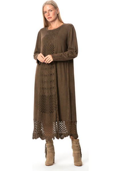 Uzun Kol Sena Etnik Desenli Sonbahar ve Kışlık Uzun Triko Elbise Kahve Khv indirimleri