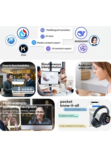 Aı Akıllı Bluetooth LCD Dokunmatik Ekran Kulaklık 155 Dil Çeviri, Yapay Zekâ Asistan, Mikrofonlu indirimleri