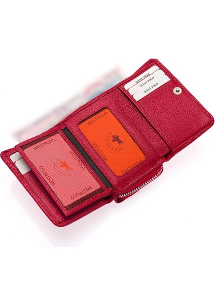 Hakiki Deri Kağıt Para ve Bol Kart Bölmeli Fermuarlı Kadın Cüzdanı - Kırmızı modelleri