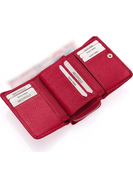 Hakiki Deri Kağıt Para ve Bol Kart Bölmeli Fermuarlı Kadın Cüzdanı - Kırmızı fırsatları