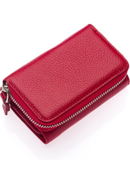 Hakiki Deri Kağıt Para ve Bol Kart Bölmeli Fermuarlı Kadın Cüzdanı - Kırmızı indirimleri