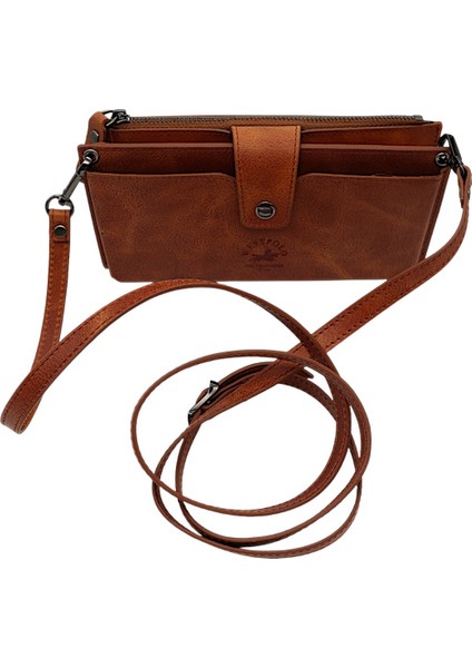 Hakiki Eskitme Deri El ve Omuz Askılı El Bandlı ve Telefon Bölmeli Kadın Cüzdanı - Tg Taba