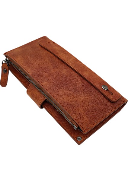 Hakiki Eskitme Deri El ve Omuz Askılı El Bandlı ve Telefon Bölmeli Kadın Cüzdanı - Tg Taba