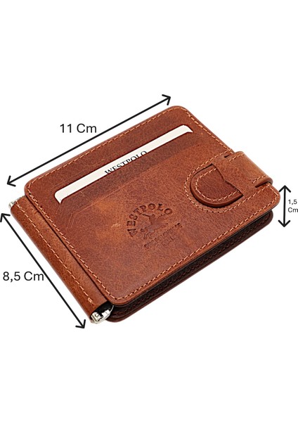 Hakiki Eskitme Deri Kuşaklı Kağıt Para Klipsli Unisex Kartlık - Taba