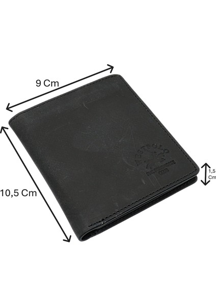 Kağıt Para ve Bol Kart Bölmeli Unisex Crazy Eskitme Hakiki Deri Cüzdan Kartlık - Siyah