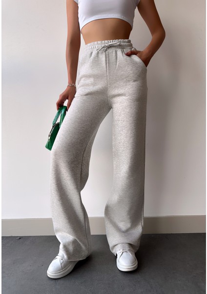 Kadın Açık Gri Içi Polarlı Kışlık Bağcıklı Yüksek Bel Bol Paça Eşofman Altı