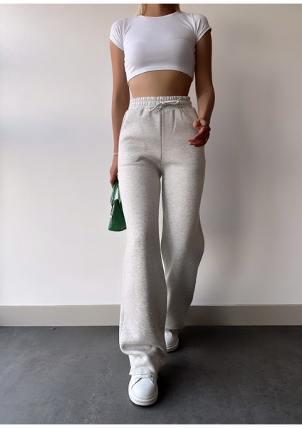 Kadın Açık Gri Içi Polarlı Kışlık Bağcıklı Yüksek Bel Bol Paça Eşofman Altı indirimleri