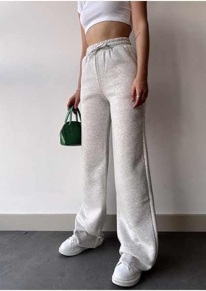 Kadın Açık Gri Içi Polarlı Kışlık Bağcıklı Yüksek Bel Bol Paça Eşofman Altı