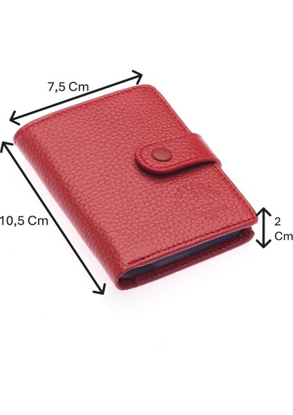 Hakiki Deri Kağıt Para ve Şeffaf Bol Kart Bölmeli Patlı Unisex Kartlık Cüzdan - Gül Kurusu