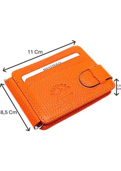 Hakiki Deri Çift Taraflı Kullanıma Uygun Kuşaklı Kağıt Para Klipsli Unisex Kartlık-Turuncu
