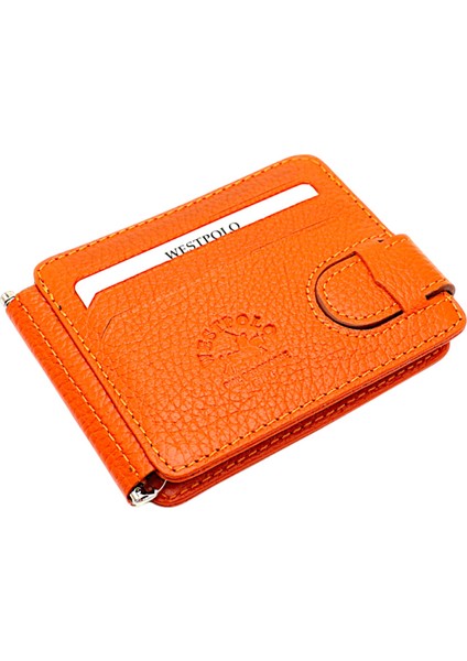 Hakiki Deri Çift Taraflı Kullanıma Uygun Kuşaklı Kağıt Para Klipsli Unisex Kartlık-Turuncu fiyatları