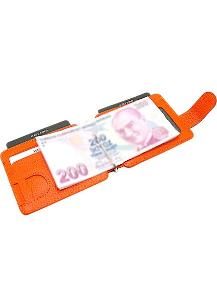 Hakiki Deri Çift Taraflı Kullanıma Uygun Kuşaklı Kağıt Para Klipsli Unisex Kartlık-Turuncu fırsatları