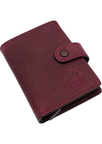 Bozuk Para ve Bol Kart Bölmeli Unisex Eskitme Hakiki Deri Mekanizmalı Kartlık - Mürdüm fiyatları
