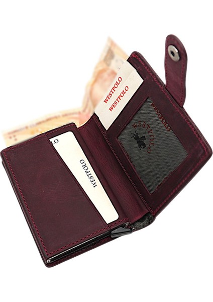Bozuk Para ve Bol Kart Bölmeli Unisex Eskitme Hakiki Deri Mekanizmalı Kartlık - Mürdüm fırsatları