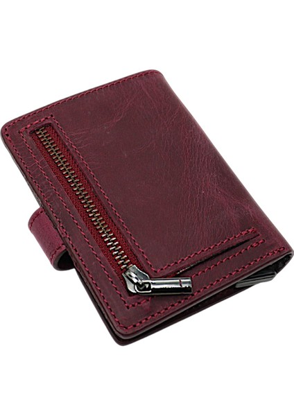 Bozuk Para ve Bol Kart Bölmeli Unisex Eskitme Hakiki Deri Mekanizmalı Kartlık - Mürdüm