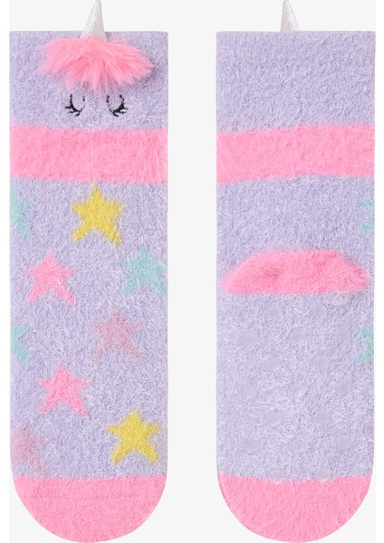 Lila Kız Çocuk Unicorn Nakışlı Aksesuarlı Kaymaz Tabanlı Ev Patiği