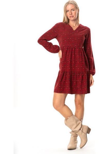 Uzun Kol Alara Çiçek Desenli V Yaka Pazen Kısa Kışlık Elbise Bordo Brd