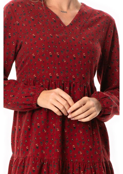 Uzun Kol Alara Çiçek Desenli V Yaka Pazen Kısa Kışlık Elbise Bordo Brd modelleri