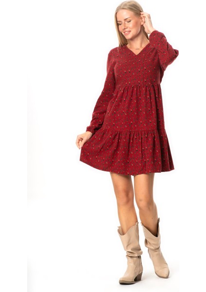 Uzun Kol Alara Çiçek Desenli V Yaka Pazen Kısa Kışlık Elbise Bordo Brd indirimleri