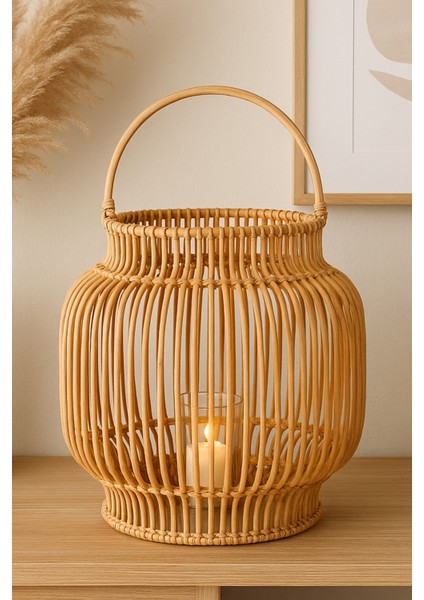 Doğal Rattan Mumluk Fener, Kulplu, Bohem Rustik Ev Dekorasyon, 33X30 cm indirimleri