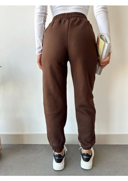 Kadın Kahverengi Kışlık Kalın Içi Polarlı Yüksek Bel Paçası Lastikli Basic Jogger Eşofman Altı indirimleri
