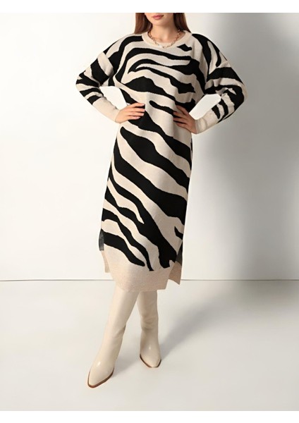 Yırtmaçlı Desenli Triko Elbise modelleri