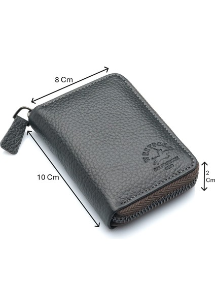 Hakiki Deri Bol Şeffaf Kart Bölmeli Fermuarlı Unisex Cüzdan - Gri