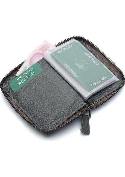 Hakiki Deri Bol Şeffaf Kart Bölmeli Fermuarlı Unisex Cüzdan - Gri modelleri