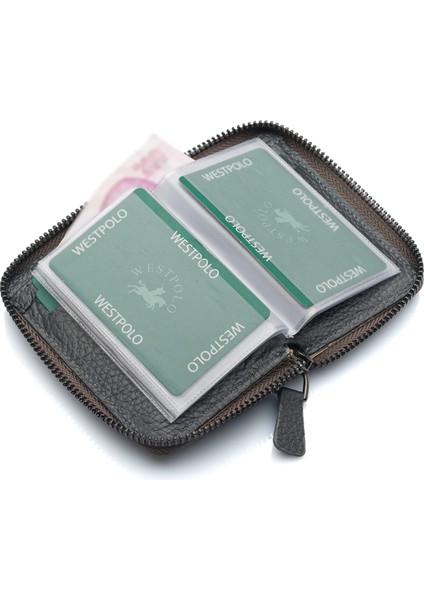Hakiki Deri Bol Şeffaf Kart Bölmeli Fermuarlı Unisex Cüzdan - Gri fırsatları