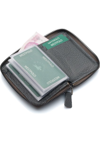 Hakiki Deri Bol Şeffaf Kart Bölmeli Fermuarlı Unisex Cüzdan - Gri indirimleri