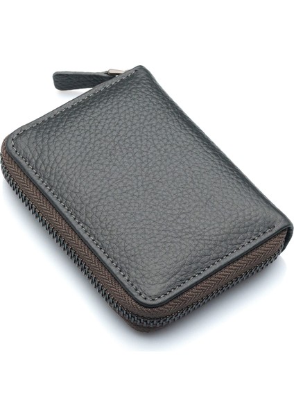Hakiki Deri Bol Şeffaf Kart Bölmeli Fermuarlı Unisex Cüzdan - Gri