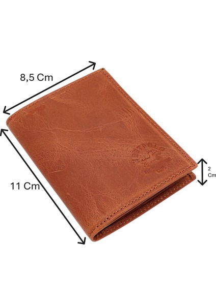Hakiki Eskitme Deri Kağıt Para, Bozuk Para ve Kart Bölmeli Erkek Cüzdanı - Taba