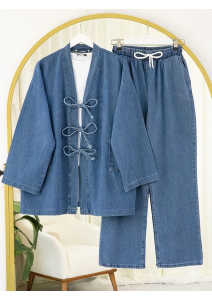 Önü Bağlamalı Cepli Pantolonlu Kot Kimono Takım