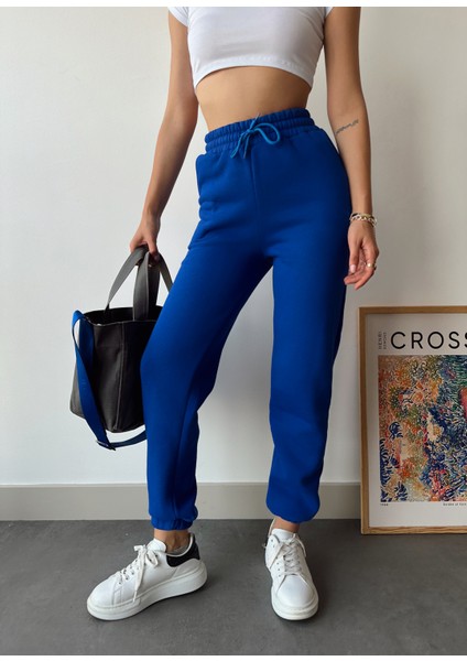 Kadın Lacivert Kışlık Kalın Içi Polarlı Yüksek Bel Paçası Lastikli Basic Jogger Eşofman Altı