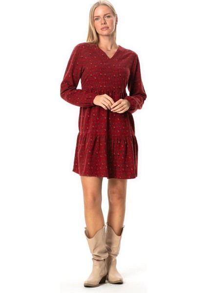 Uzun Kol Alara Çiçek Desenli V Yaka Pazen Kısa Kışlık Elbise Bordo Brd fırsatları